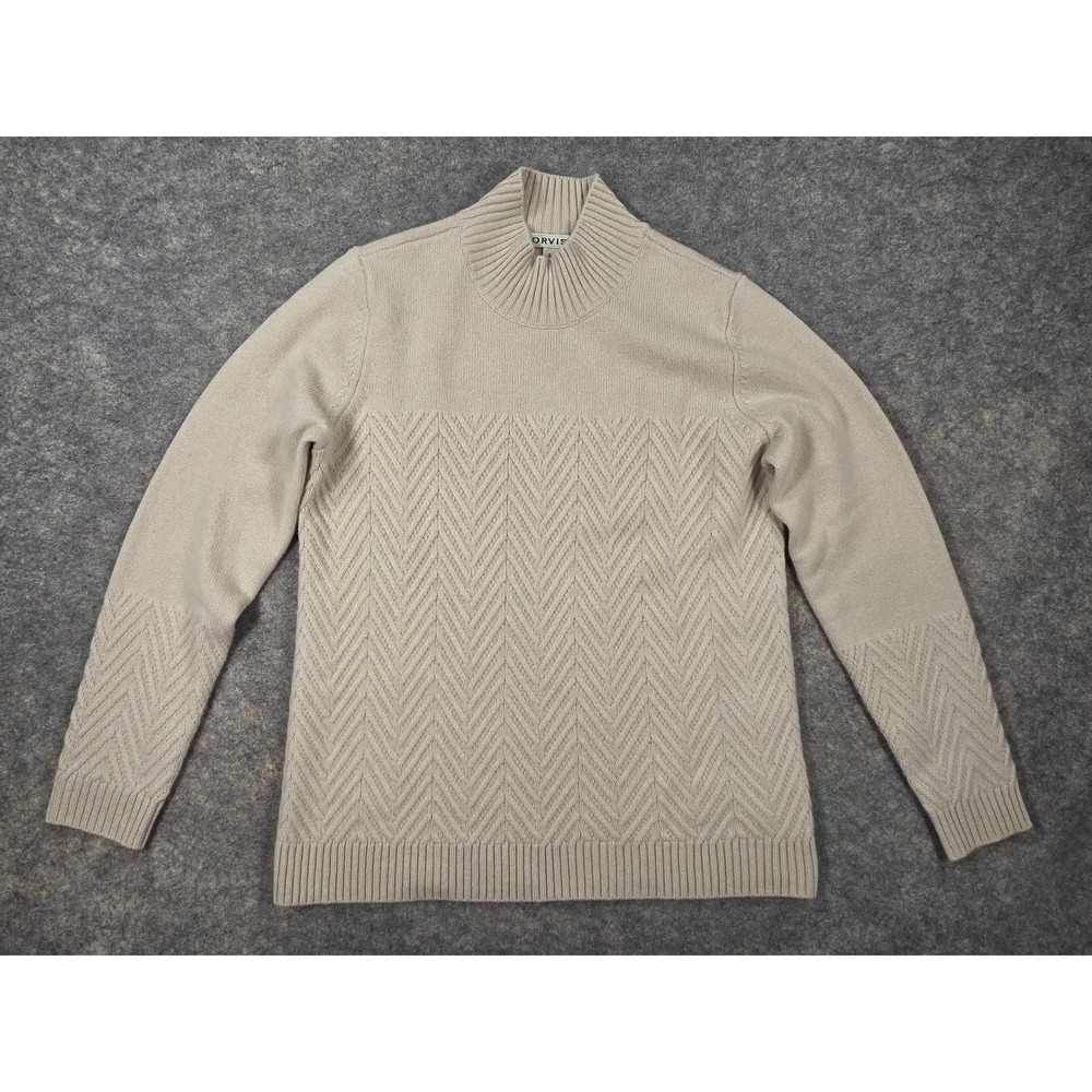 Orvis 100% Cashmere Mock Neck Sweater Beige Chevron Knit Womens Small